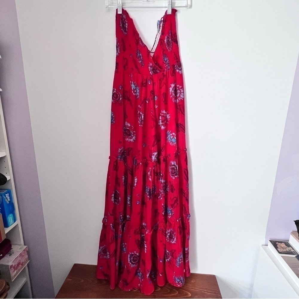 Free People Bright Red Garden Floral Tiered Maxi Dress NEW Bohemian Summer